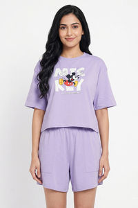 Zivame Mickey & Friends Knit Cotton Loungewear Short Set - Pastel Lilac — thumbnail 1